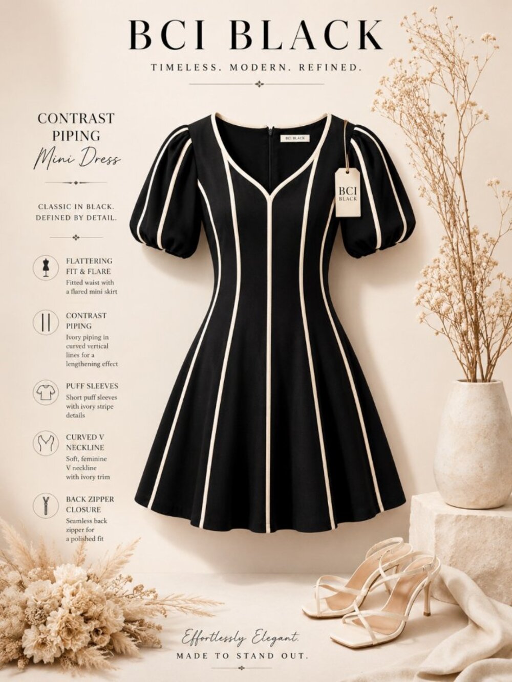 1.STATE Black Piped Short Sleeve Fit Flare Dress Size L NWT